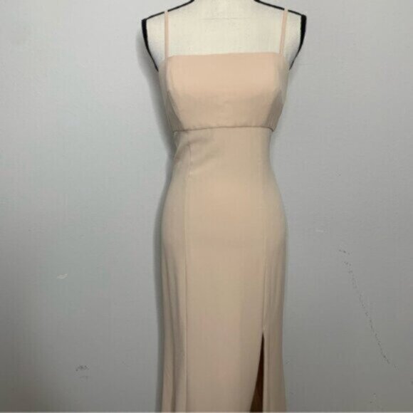 Amsale Nude Beige Spaghetti Strap Maxi Evening Gown - Picture 9 of 14